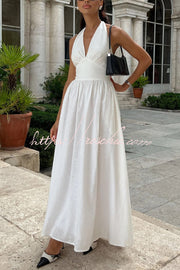 Linen Blend Halter Neck Backless Maxi Dress