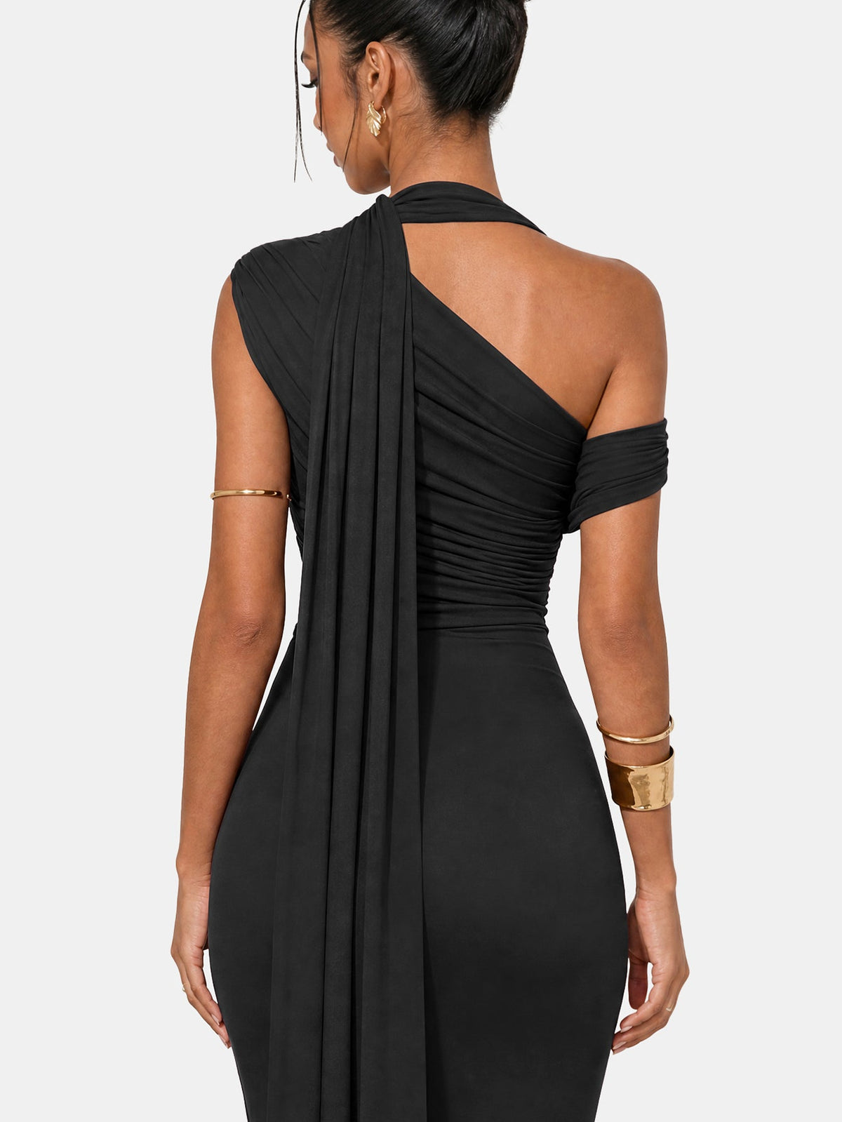 One Shoulder Formal Evening Gown with Built-In Bra, Ruched Mesh