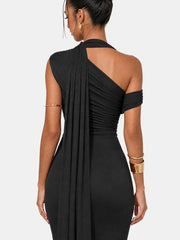 One Shoulder Formal Evening Gown with Built-In Bra, Ruched Mesh