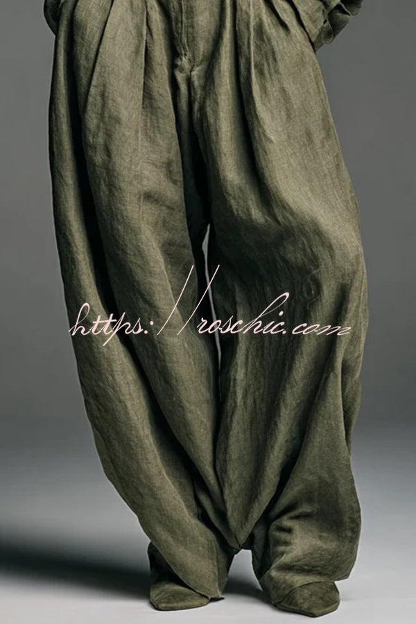 Linen Blend Wide-Leg Pants & Lapel Shirt Set
