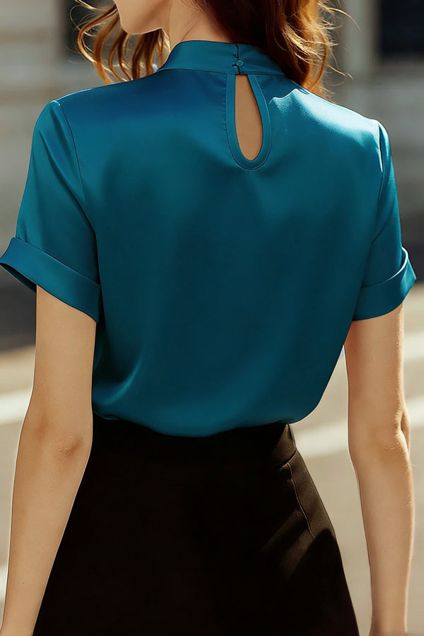 Satin Openwork Short Sleeve Shirt – Loose Fit Office Top