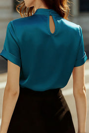Satin Openwork Short Sleeve Shirt – Loose Fit Office Top