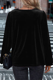 Velvet Long Sleeve V-Neck Loose Top | Vacation Blouse