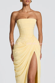 Chiffon Strapless Maxi Dress with Asymmetrical Pleats & Slit