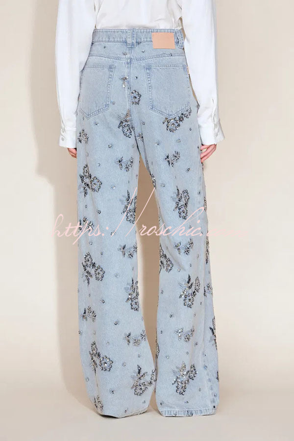 Beaded Sequin Floral Wide Leg Jeans Mid Rise with Pockets