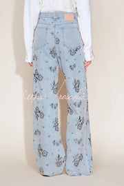 Beaded Sequin Floral Wide Leg Jeans Mid Rise with Pockets