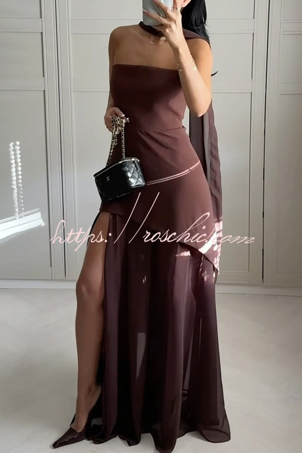 Off Shoulder Chiffon Maxi Dress with Structured Top & Slit
