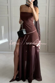 Off Shoulder Chiffon Maxi Dress with Structured Top & Slit