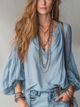 Mist Blue Long Sleeve Bohemian Blouse with Embroidery