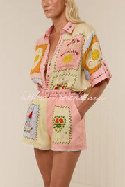 Linen Blend Printed Short Sleeve Shirt & Belted Shorts Set