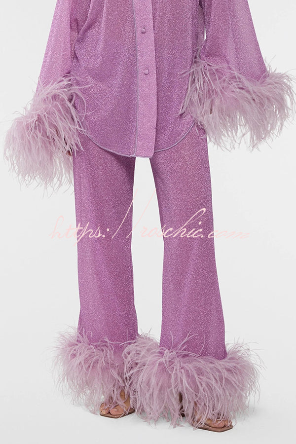 Glitter Feather Trim Two-Piece Lounge Set – Long Sleeve & Pants