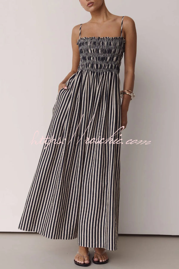 Striped Spaghetti Strap Pleated Maxi Dress with Pockets