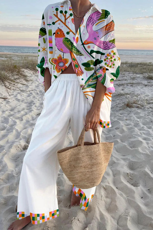 Bird Print Oversized Shirt & Pants Set with Elastic Waist
