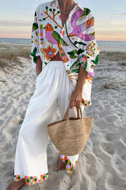 Bird Print Oversized Shirt & Pants Set with Elastic Waist