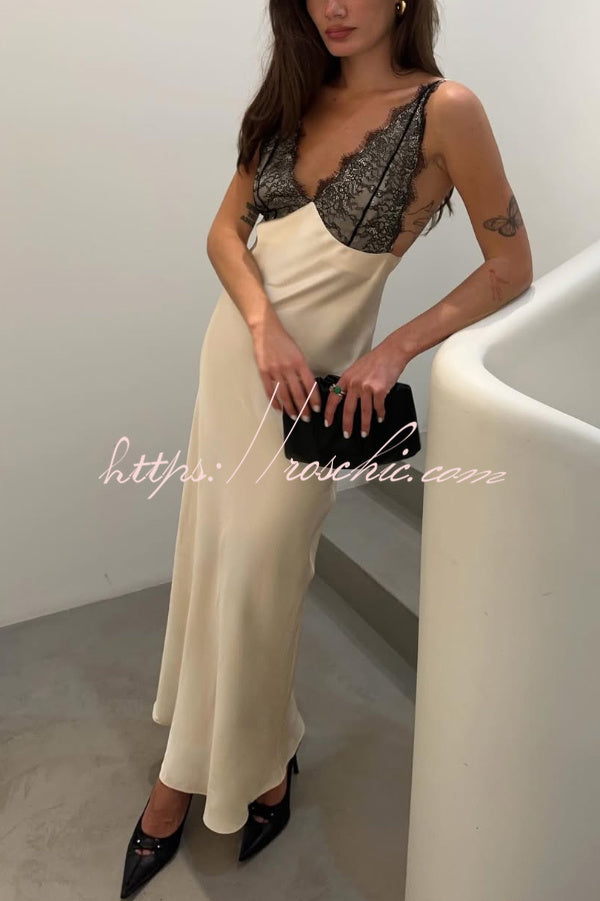 Satin Lace Patchwork Backless Maxi Dress – Slim Fit