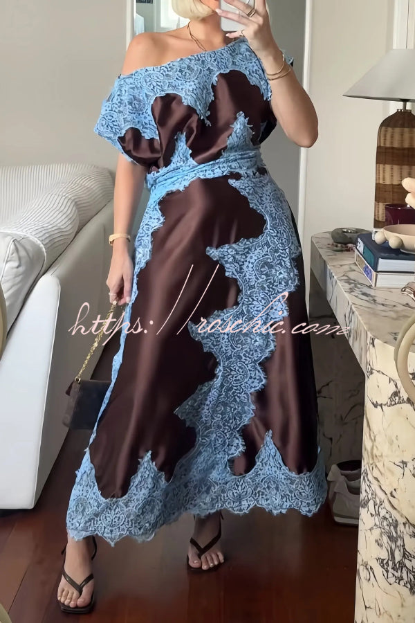 Satin Lace Patchwork Asymmetrical Maxi Dress