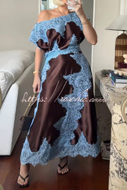 Satin Lace Patchwork Asymmetrical Maxi Dress