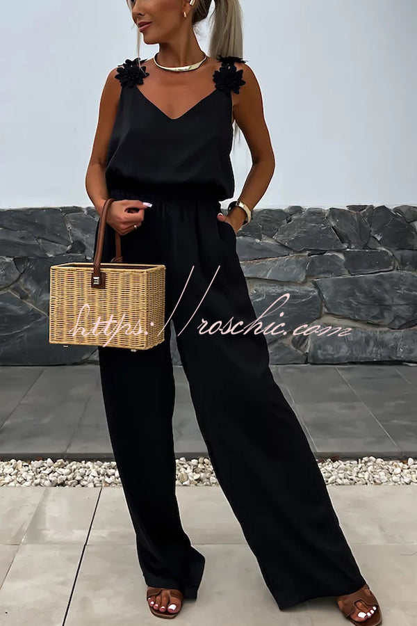 Embroidered Flower Sleeveless Jumpsuit – Loose V-Neck