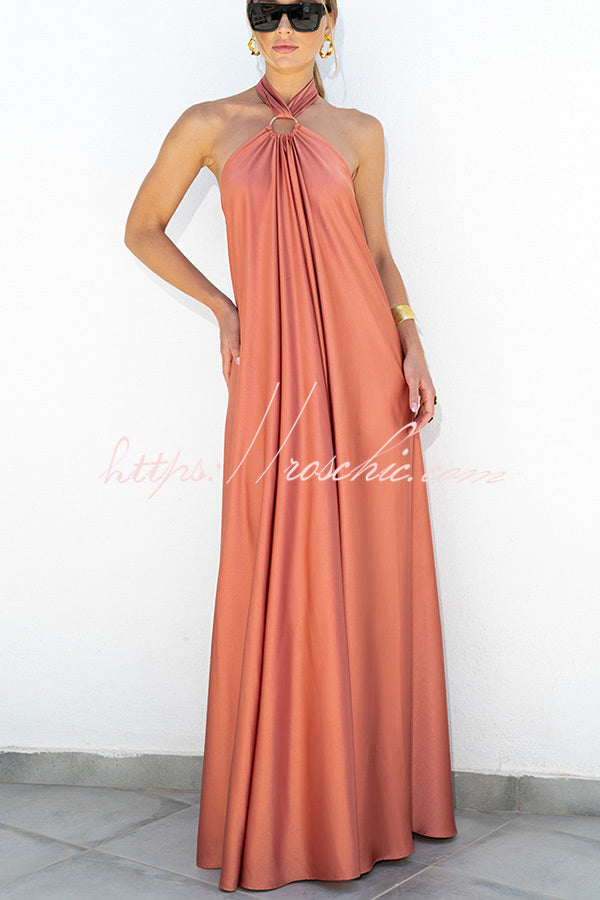 Satin Halter Backless Maxi Dress – Sleeveless Vacation Wear