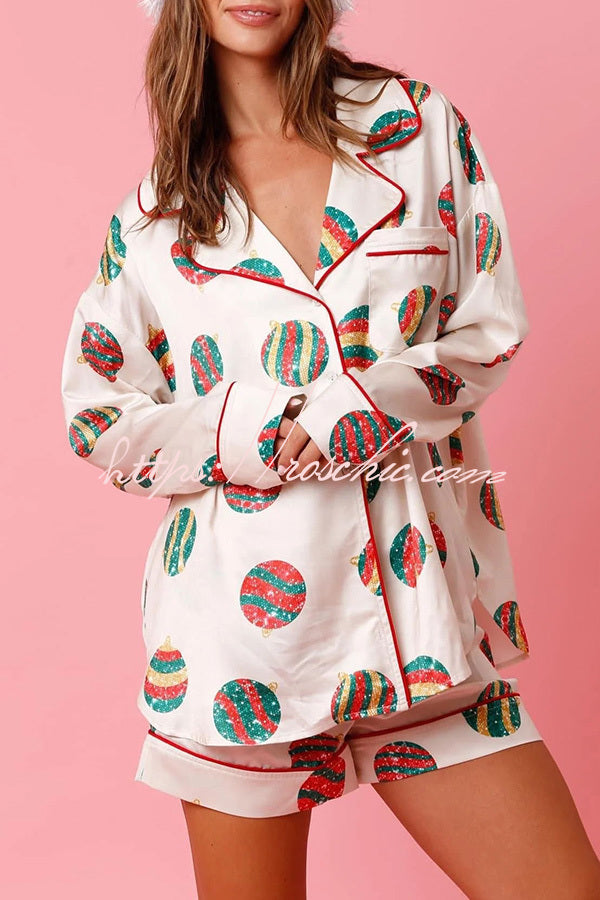 Christmas Printed Pajama Shorts Set with Pockets