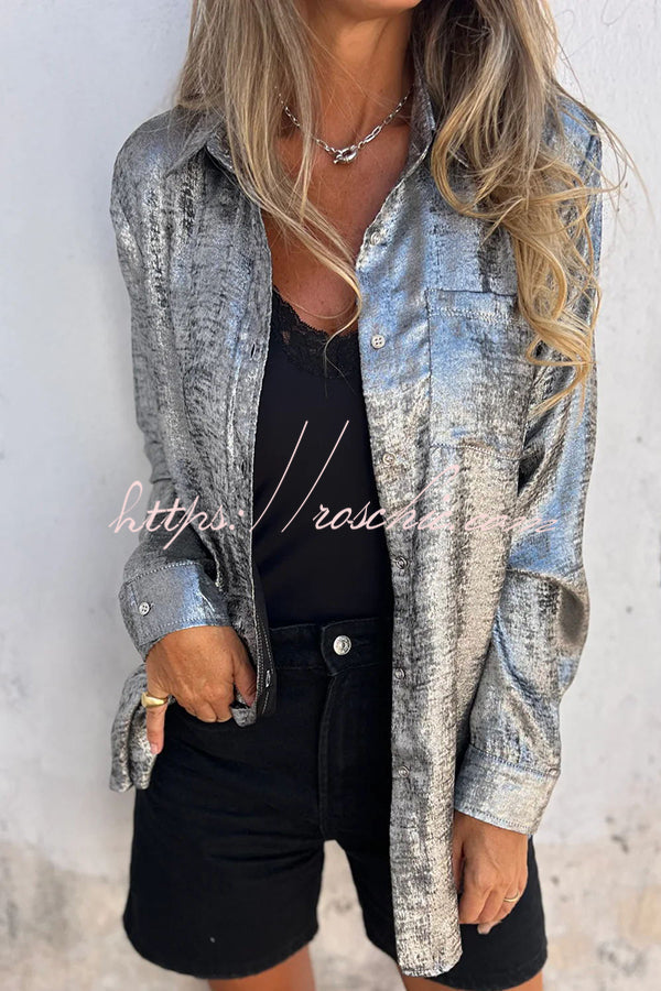 Metallic Fabric Button-Up Blouse – Long Sleeve Loose Fit