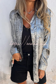 Metallic Fabric Button-Up Blouse – Long Sleeve Loose Fit