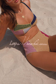 Glitter Color Block High Waist Bikini Swimsuit