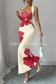Floral Print Halter Neck Backless Maxi Dress