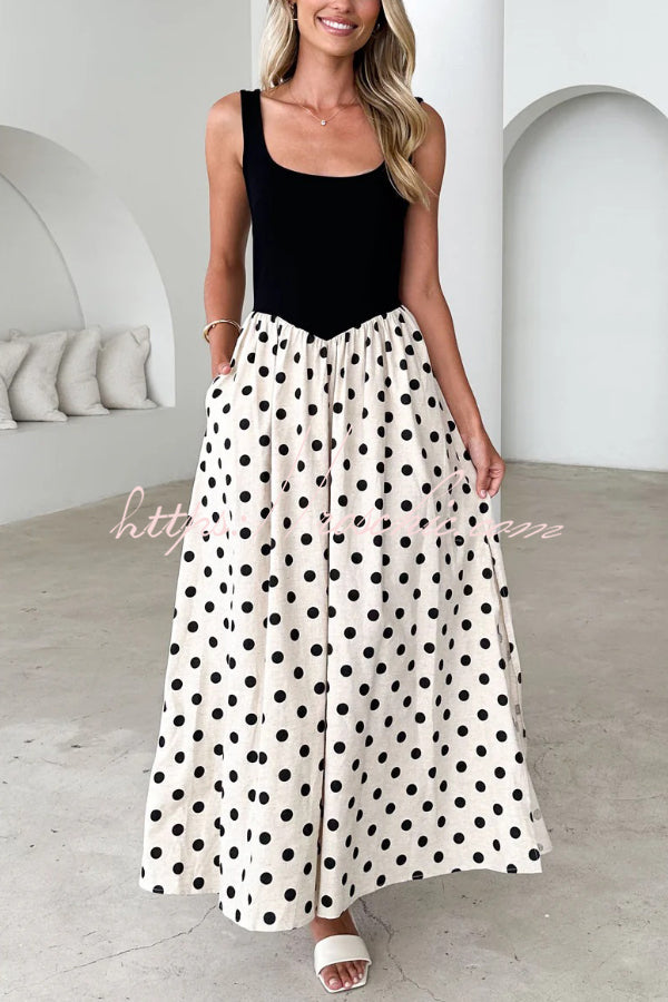 Black & White Polka Dot Sleeveless Maxi Dress with Pockets