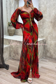 Off Shoulder Printed Pleated Maxi Dress with Diamond Detail