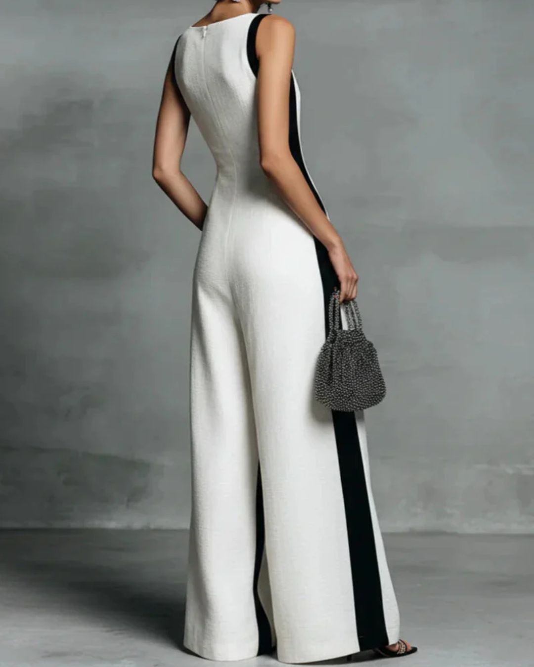 Black & White Stripe Wide-Leg Jumpsuit with Deep V-Neck