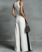 Black & White Stripe Wide-Leg Jumpsuit with Deep V-Neck