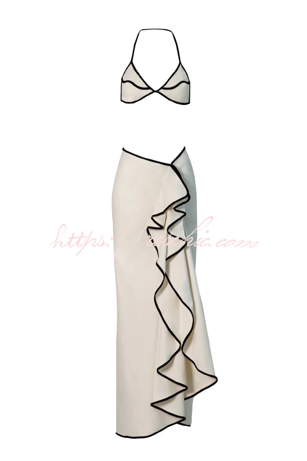Color-block Bikini & Ruffled Maxi Skirt Set | Halter Neck