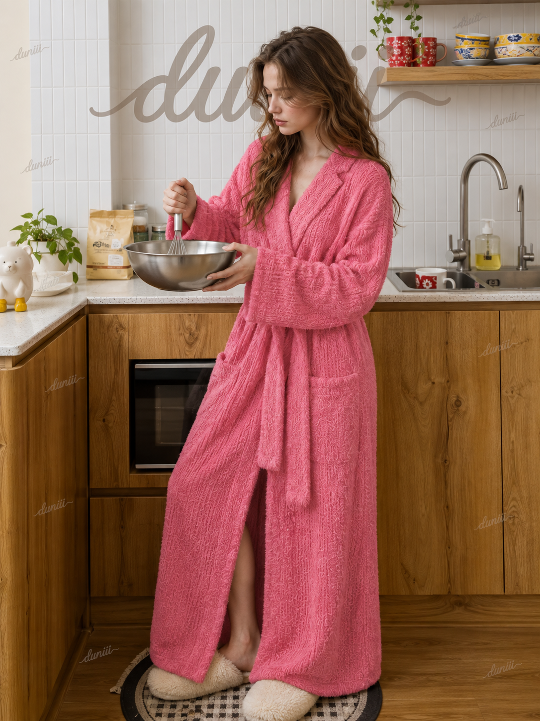 Textured Knit Full-Length Robe with Tie Belt