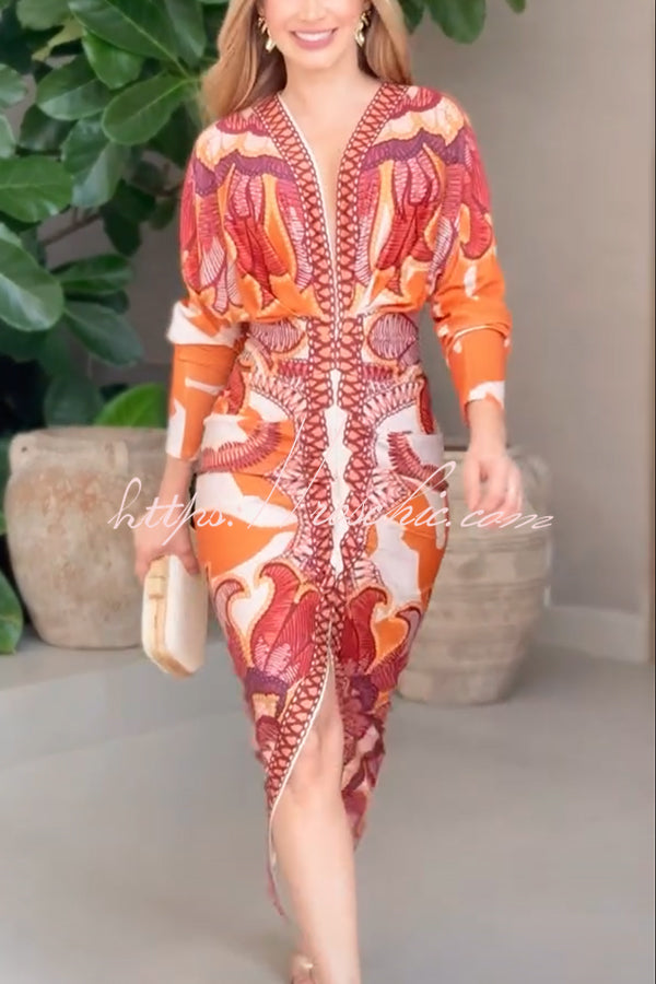 Printed Dolman Sleeve Ruched Midi Dress with Side Slit