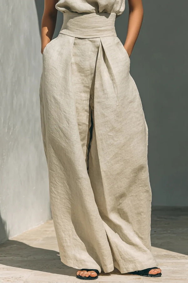 Linen Blend Turtleneck Top & Wide-Leg Pants Set