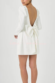 Puff Shoulder Mini Dress with Bow Back & Long Sleeves