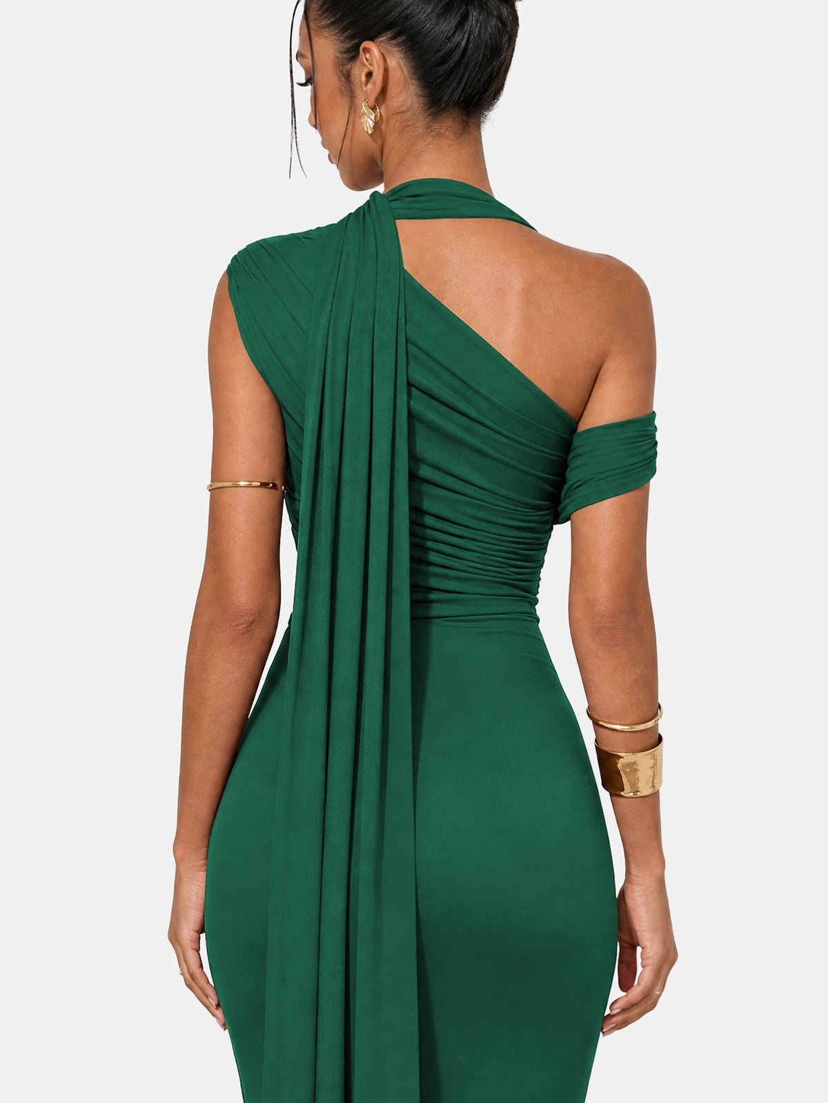 One Shoulder Formal Evening Gown with Built-In Bra, Ruched Mesh
