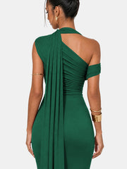 One Shoulder Formal Evening Gown with Built-In Bra, Ruched Mesh