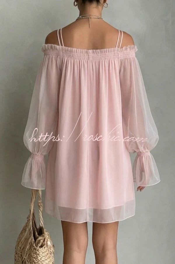Sheer Off-Shoulder Long Sleeve Loose Fit Short Dress