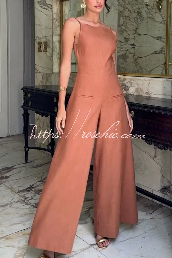 Linen Blend Wide Leg Jumpsuit with Square Neck & Pockets