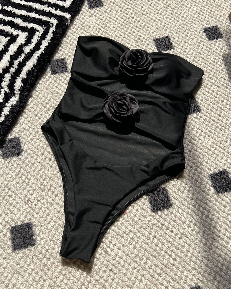 Strapless Floral Appliqué One-Piece Swimsuit with Cutout
