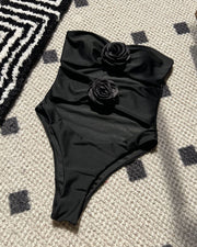 Strapless Floral Appliqué One-Piece Swimsuit with Cutout