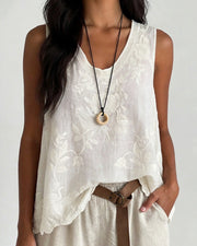 Vintage Floral Embroidered Cotton Linen Sleeveless Top