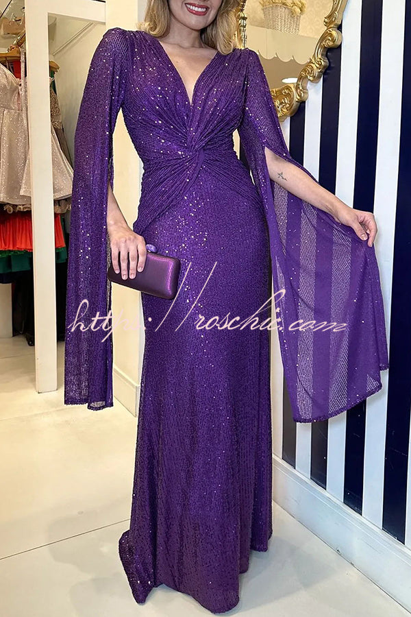 Sequin Cape Sleeve Cross-Waist Evening Maxi Dress