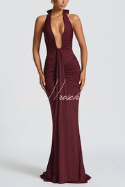 Halter V-Neck Open Back Maxi Dress – Solid Color Slim Fit