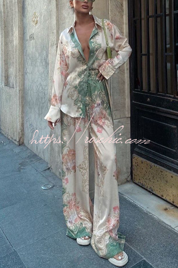 Satin Printed Long Sleeve Shirt and Pants Set, Loose Fit