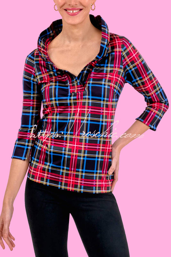 Holiday Plaid Ruffle Stand Neck Blouse – Loose Fit