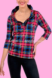 Holiday Plaid Ruffle Stand Neck Blouse – Loose Fit