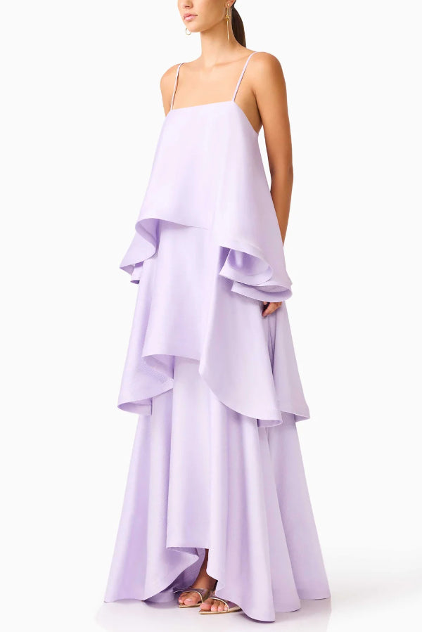 Satin Tiered Maxi Dress – Square Neck Sleeveless A-Line